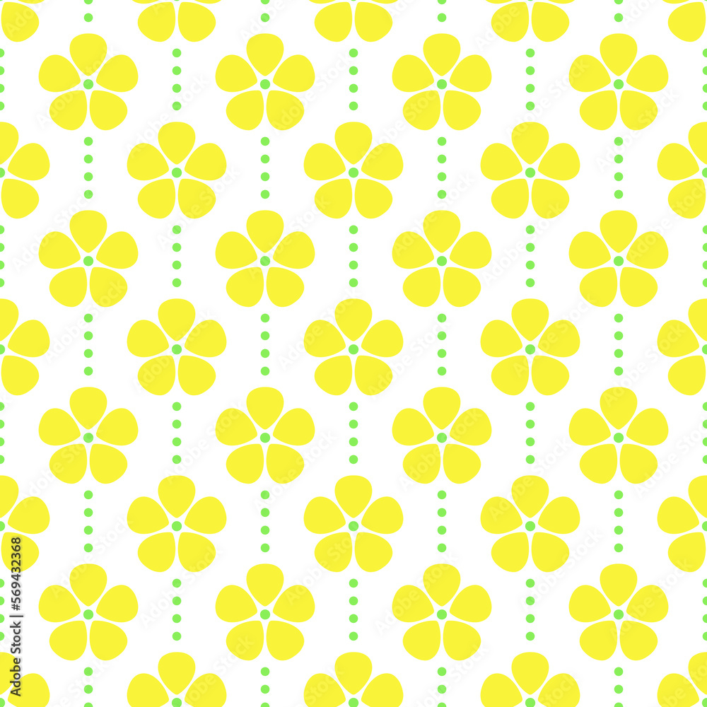 Yellow flowers and green dots on white background. Vector seamless pattern. Best for textile, wallpapers, home decoration, digital paper, package and your design. Yellow flowers and green dots on white background. Vector seamless pattern. Best for textile, wallpapers, home decoration, digital paper, package and your design.