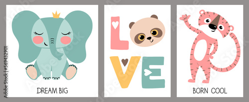 A set of illustrations with cute animals. Panda, pink tiger and blue elephant with motivational inscriptions. Postcard, poster, decoration of the children's room, children's T-shirt with print.