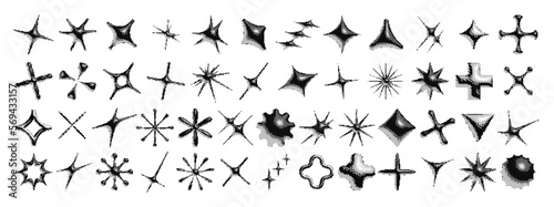 Set of vector objects in pseudo 3d style. Deformed acid forms of the sun and stars, sun rays, glare and glare in modern brutalist style. With the effect of nalftone, stretching, inflation and perspect