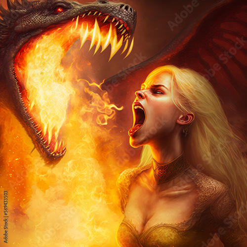 A dramatic struggle between a woman with blonde hair and a powerful dragon spewing forth flames from its open mouth. Use this image to create a captivating story and evoke emotion. Generative AI