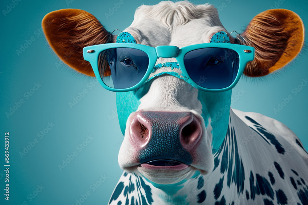 Funny hippie cow with sunglasses. Generative AI.