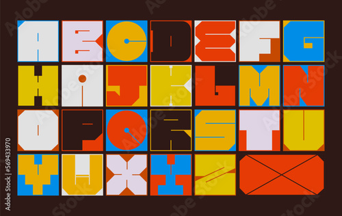 Modern Latin alphabet . Simple square letters of rough shapes. English font of linear capital, very thick letters with a thin stroke. Ultra bold font in modern brutal style.