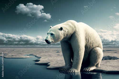 Polar bear in north pole on melting ice caps. Climate change  global warming concept. Generative AI.