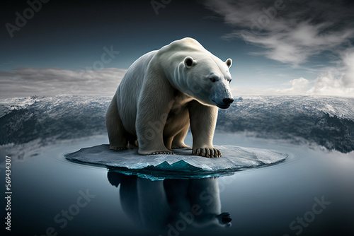 Polar bear in north pole on melting ice caps. Climate change, global warming concept. Generative AI.