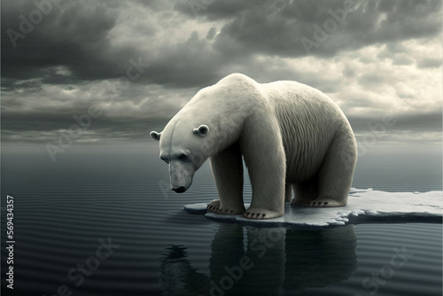 Polar bear in north pole on melting ice caps. Climate change, global warming concept. Generative AI. © erika8213