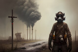 Apocalypse survivor alone in abandoned, destroyed city wearing gas mask and brown clothes, thick fog and pollution gas, nuclear war survivor, factory generative ai