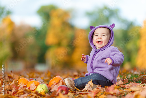 Happy laughing child sitting isolated in vibrant autumn Fall leaves  pumpkins  and apples