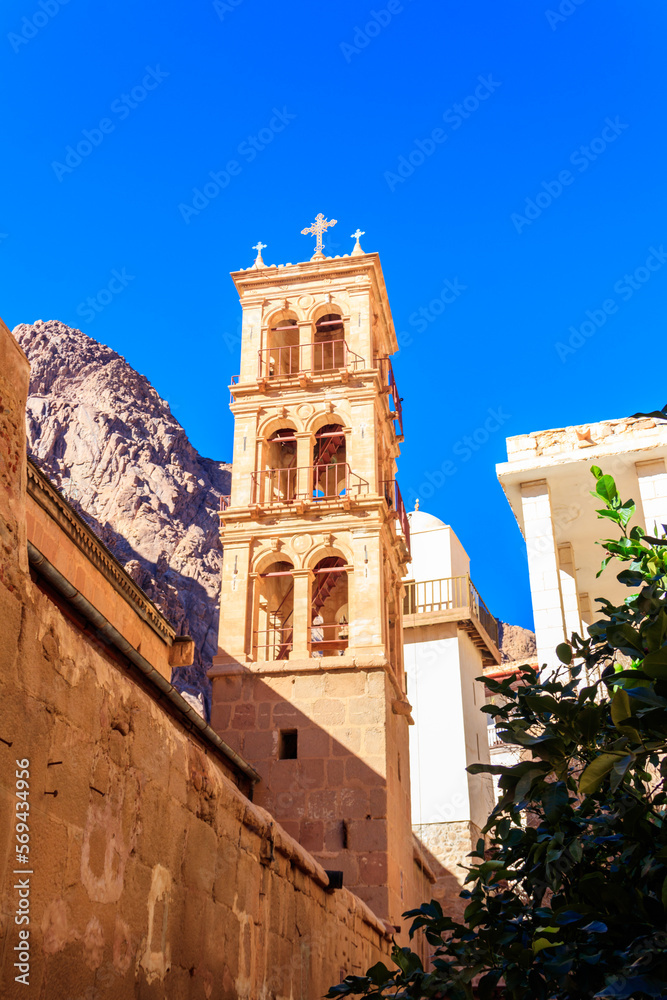 Bell tower of Saint Catherine's monastery (or Sacred Monastery of the God-Trodden Mount Sinai) in Sinai Peninsula, Egypt