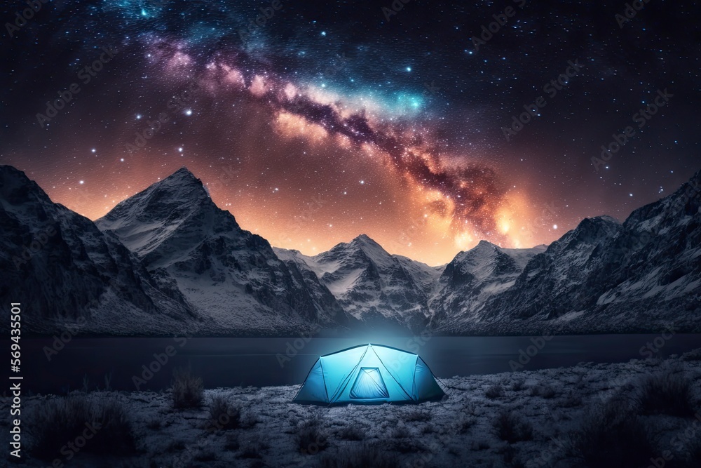 Camping under the stars. A tent pitched up and glowing under the milky way. Camping adventure in the mountains. Photo composite.. Generative AI