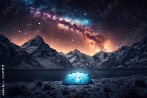 Camping under the stars. A tent pitched up and glowing under the milky way. Camping adventure in the mountains. Photo composite.. Generative AI © Neda Asyasi