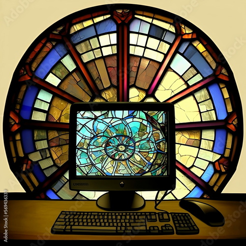stained glass window of a computer with a monitor, a keyboard, and a mouse created by generative ai technology photo