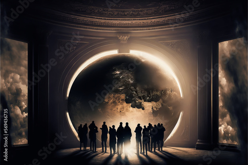 Leader's silhouette dominates a mysterious architectural setting under the radiant sunlight. Control and governance of the world in a powerful and surreal image. Generative AI photo