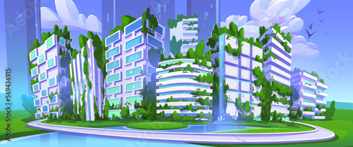Futuristic smart city with eco buildings. Future sustainable town cityscape with houses and offices with garden on rooftop and waterfall, green trees and grass, pond, vector illustration