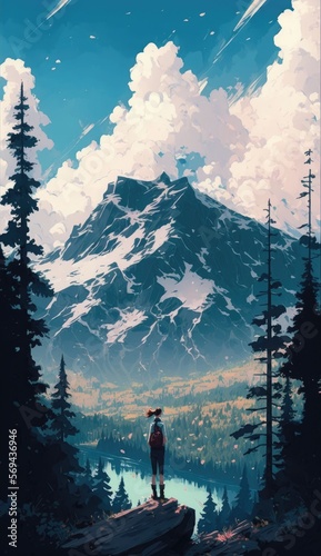 Scenic vista of distant snow-covered mountain range peaks, tall pine trees and breathtaking clouds. Picturesque rugged terrain untouched, filled with natural beauty - generative AI illustration. © SoulMyst