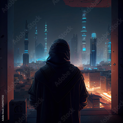 silhouette of a person in a mosque at night