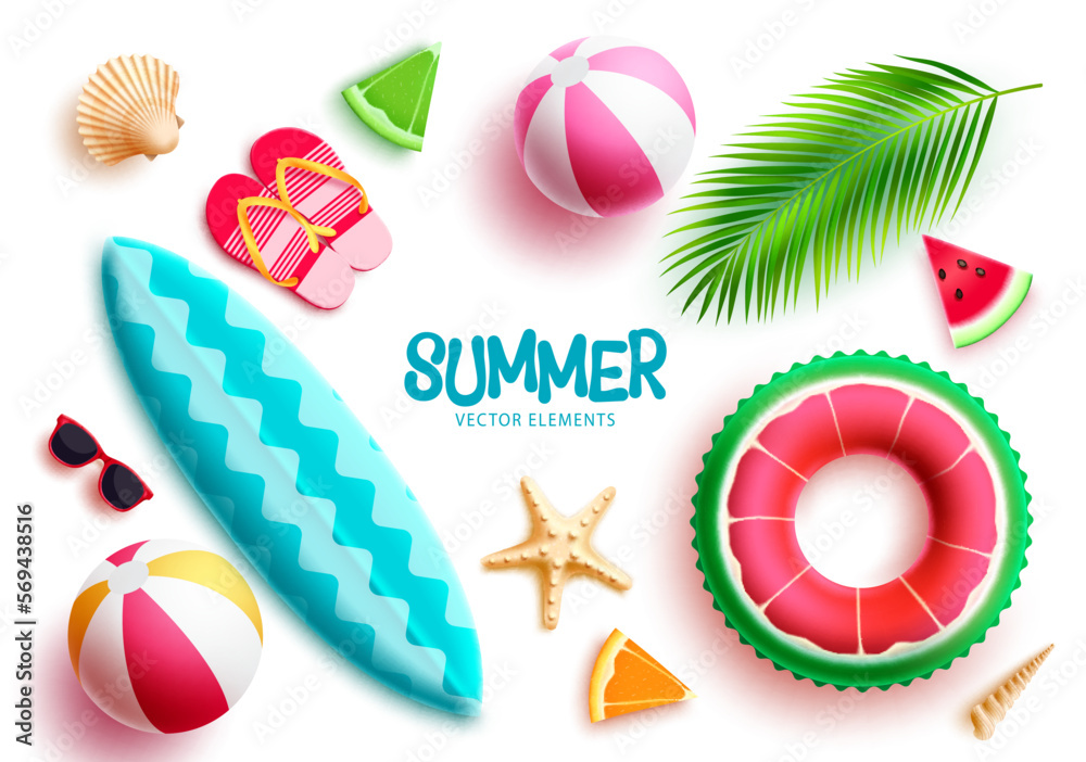 Summer vector element set. Summer beach elements floater, surfboard, beach ball, flipflop and sunglasses isolated. Vector illustration summer collection. - obrazy, fototapety, plakaty 