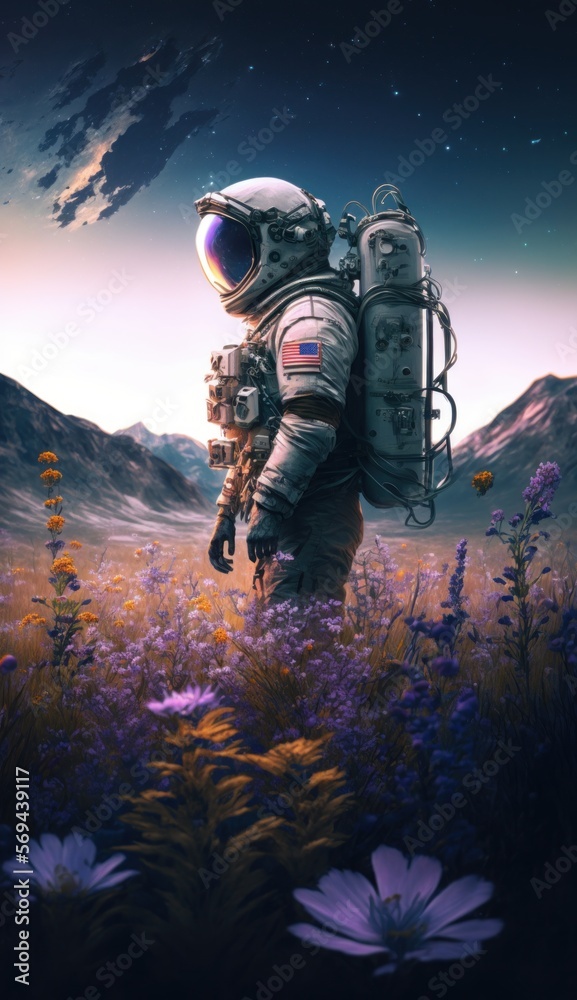 Fototapeta premium Astronaut holding a boquet of wildflowers in an alpin meadow, at twilight, volumetric lighting, cinematic
