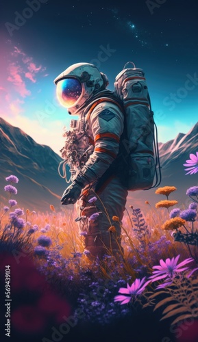 Astronaut holding a boquet of wildflowers in an alpin meadow  at twilight  volumetric lighting  cinematic