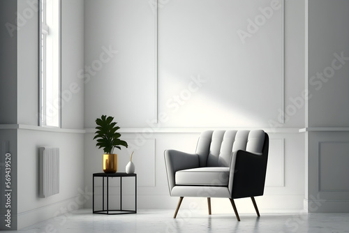 Room with armchair on empty white wall background created with Generative AI © AEN Creative Studio