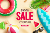 Summer sale vector banner design. Summer sale text with surfboard, floaters and beachball beach elements. Vector illustration promo discount background.  