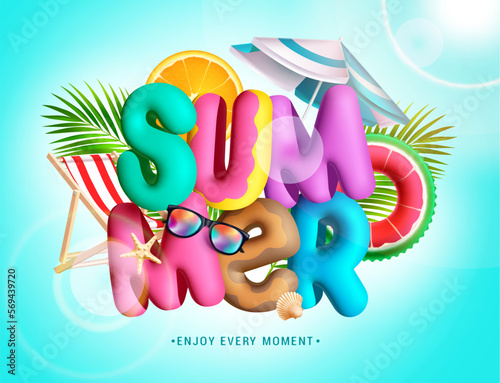 Summer 3d text vector design. Summer colorful font letter with beach elements in blue background. Vector illustration holiday season tropical background. 