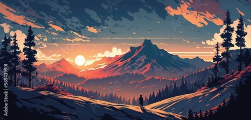 Scenic vista of distant snow-covered mountain range peaks, tall pine trees and breathtaking clouds. Picturesque rugged terrain untouched, filled with natural beauty - generative AI illustration.