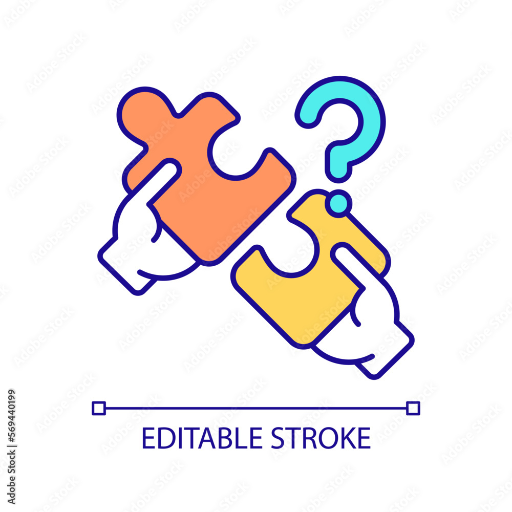 Fototapeta premium Unmatched puzzle pieces RGB color icon. Seeking solution for problems. Communication problems. Wrong answers. Isolated vector illustration. Simple filled line drawing. Editable stroke