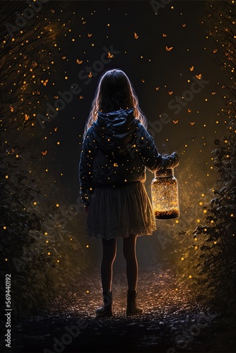 An illustration of a female child goes to the forest to capture fireflies in a pot. Traditional ways to spend time in family in summer and spring. Generative ai. 