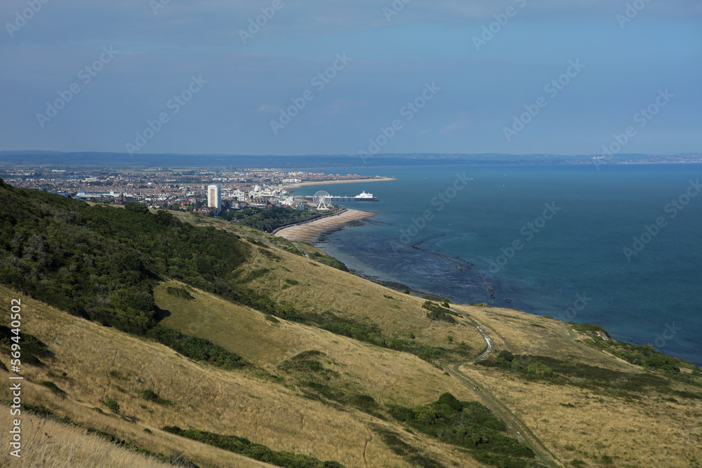 View from Beachy Head area to Eastbourne city, Seven Sisters area, East Sussex, England, United Kingdom