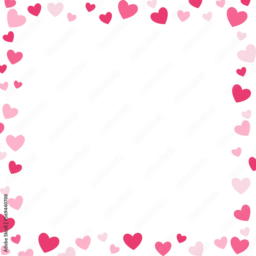 Pink scatter heart border , sqaure frame made of hearts isolated on transparent background, cut out, PNG illustration.