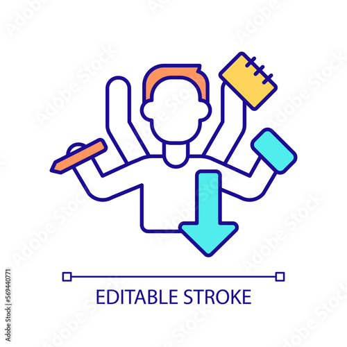 Multitasking skills of corporate employee RGB color icon. Reduce workload in office. Productivity evaluation. Isolated vector illustration. Simple filled line drawing. Editable stroke