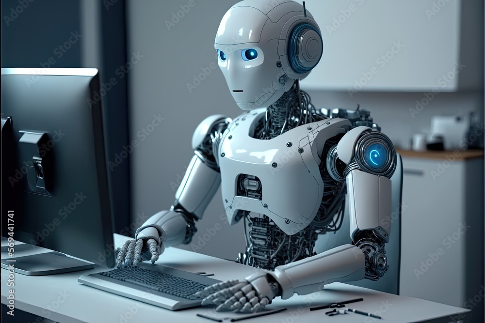 Robot working in the office with the computer. chatgpt, programmers, data center .AI generative Robot working in the office with the computer. chatgpt, programmers, data center .AI generative