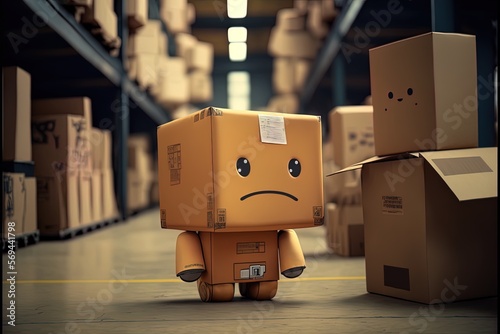 Sad delivery box cartoon character in a store. Concept: Problems with the delivery. Generative ai