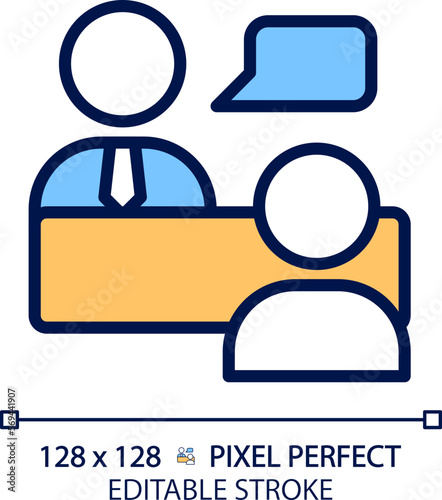 Job interview pixel perfect RGB color icon. Work conversation. Questioning candidate. Hiring process. Human resources. Isolated vector illustration. Simple filled line drawing. Editable stroke