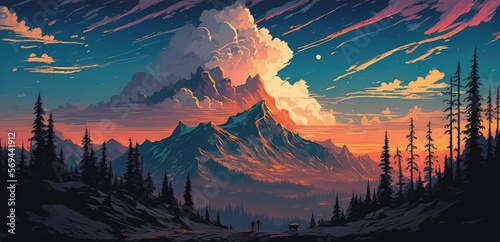 Scenic vista of distant snow-covered mountain range peaks  tall pine trees and breathtaking clouds. Picturesque rugged terrain untouched  filled with natural beauty - generative AI illustration.