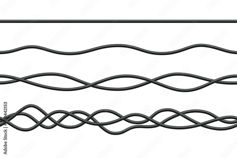 Realistic electrical wires. Cable power energy. Flexible thick network cord. Black electric computer connection wires. Seamless line cable. Vector illustration on white background. Realistic electrical wires. Cable power energy. Flexible thick network cord. Black electric computer connection wires. Seamless line cable. Vector illustration on white background.
