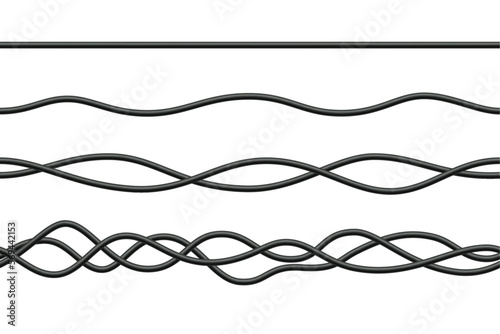Realistic electrical wires. Cable power energy. Flexible thick network cord. Black electric computer connection wires. Seamless line cable. Vector illustration on white background.