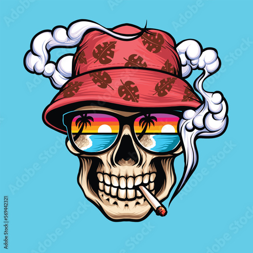 Skull smoke with bucket hat holyday vector illustration