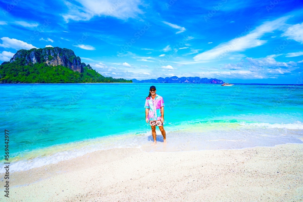 man on the beach in krabi thailand, chicken island, tup island,  poda island, photo shooting, model shooting