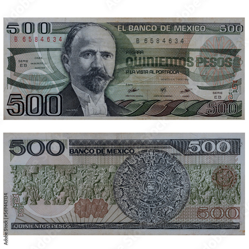 billete de 500 pesos mexicanos Anverso: Retrato de Francisco I. Madero (1873 - 1913) reverso: Piedra del Sol o Calendario Azteca. Al fondo piedra de Tizoc 