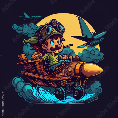 illustration of pirate piloting airplane comic character for graphic element/sticker/t shirt design ideas.Generative AI Technology