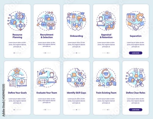 Information technology staffing onboarding mobile app screens set. IT walkthrough 5 steps editable graphic instructions with linear concepts. UI, UX, GUI template. Myriad Pro-Bold, Regular fonts used