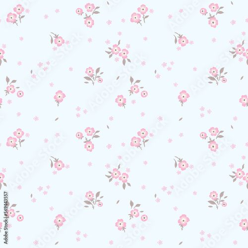 A pattern of small pink flowers on a light turquoise background. Graphic print, floral illustrations, floral vector, vector floral pattern.