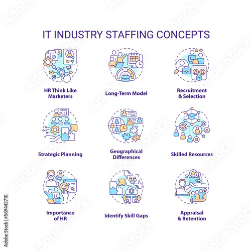 IT industry staffing concept icons set. Human resource department. Select candidate idea thin line color illustrations. Isolated symbols. Editable stroke. Roboto-Medium, Myriad Pro-Bold fonts used