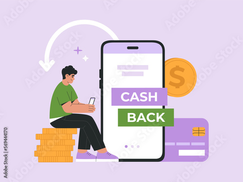 Young man holding smartphone, receives cashback from online payment. Internet transaction, money saving. Mobile phone screen, arrow, dollar coins, credit card. Vector illustration, flat cartoon style