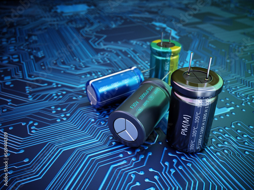 Bild auf Leinwand Various capacitors standing on the green-blue PCB