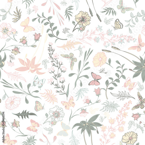 Fashionable delicate vector texture. Floral seamless pattern. Blooming botanical motifs scattered randomly. Fashion, diti print, fabric. Hand drawn different wild meadow flowers on white background