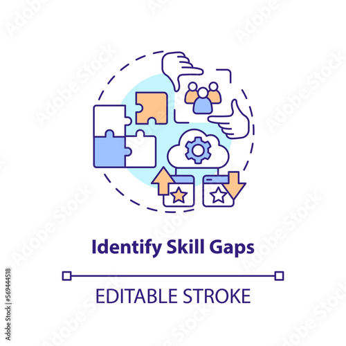 Identify skill gaps concept icon. Knowledge and experience. IT staffing tip abstract idea thin line illustration. Isolated outline drawing. Editable stroke. Arial, Myriad Pro-Bold fonts used