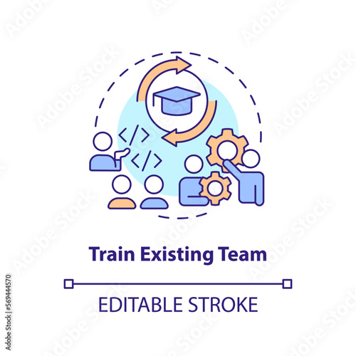 Train existing team concept icon. Employees education. IT staffing tip abstract idea thin line illustration. Isolated outline drawing. Editable stroke. Arial, Myriad Pro-Bold fonts used