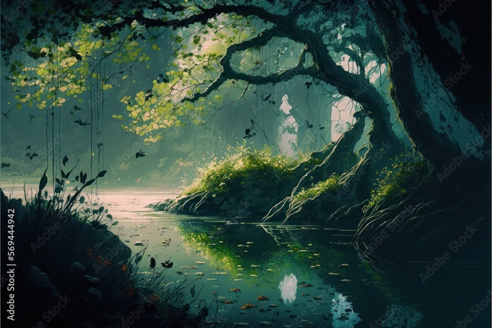 Enchanted Fantasy Forest Pond Background, Concept Art, Digital Illustration, Generative AI
